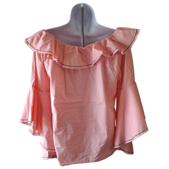 V Cristina Womens Off Shoulder Peplum Top M Pink Ruffle Bell Sleeve Boho Chic - Picture 2 of 8